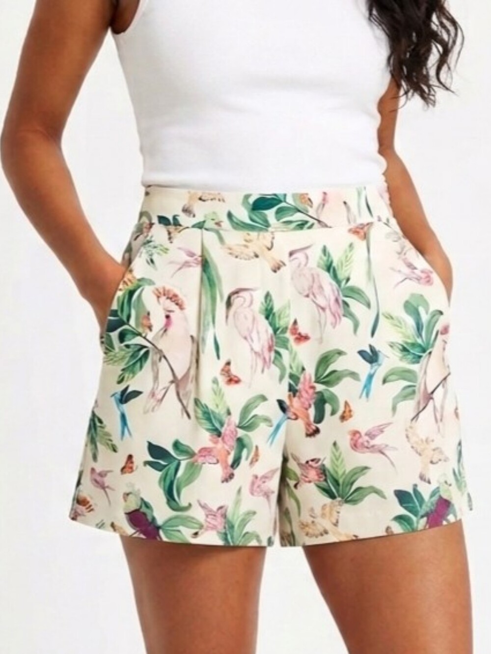 Ann Taylor Cream Tropical Bird Print High-Waist Shorts Size 2